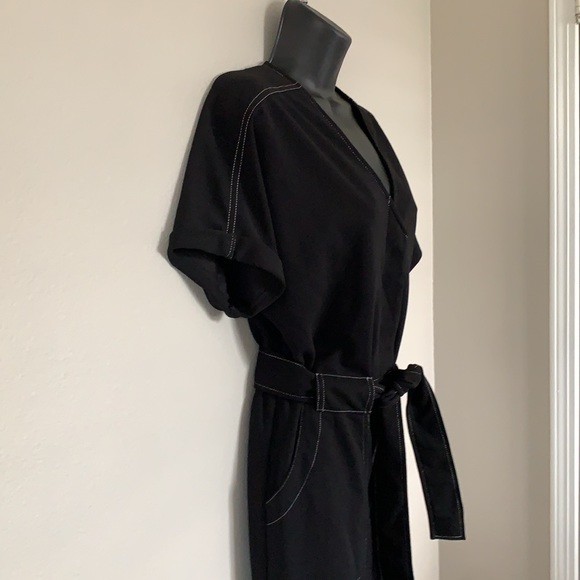 Lush Black Contrast Stitch Button Front Short Sleeve Tie Waist Jumpsuit - Picture 5 of 12
